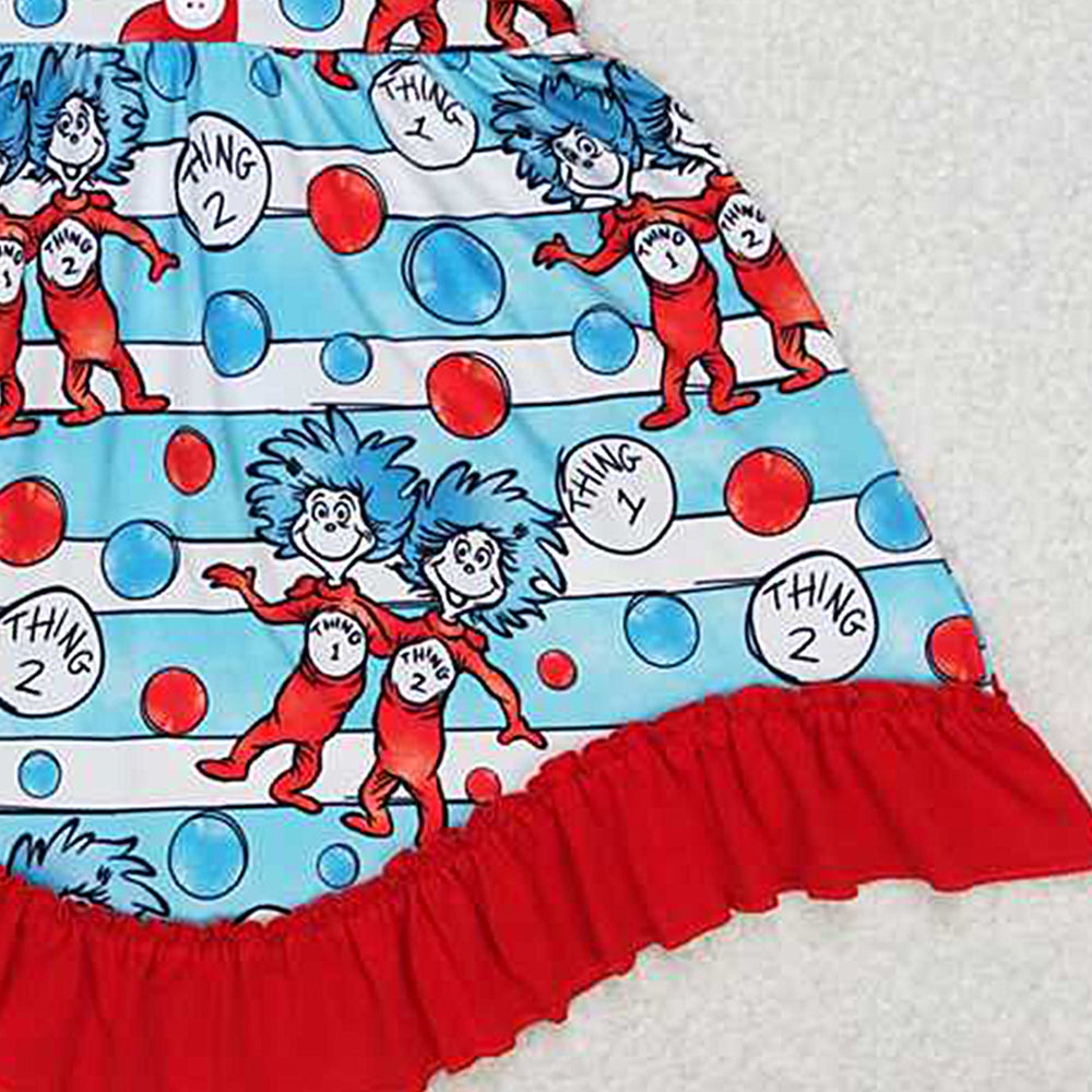 GSD0557Blue Stripe Cat Hat Ruffle Girls Dress Short Sleeves Cute Animal Print Feminine Fashionable Skirt for Little Girls