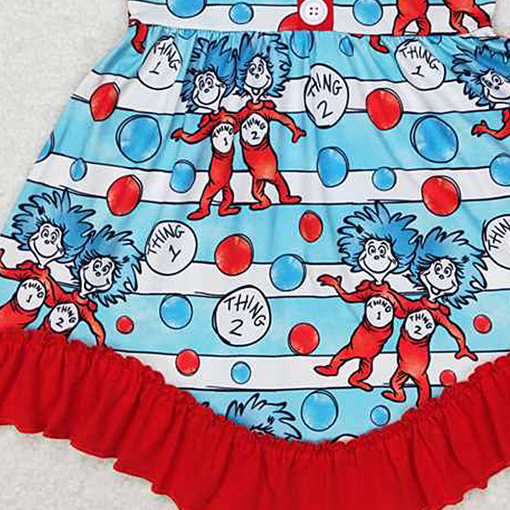 GSD0557Blue Stripe Cat Hat Ruffle Girls Dress Short Sleeves Cute Animal Print Feminine Fashionable Skirt for Little Girls