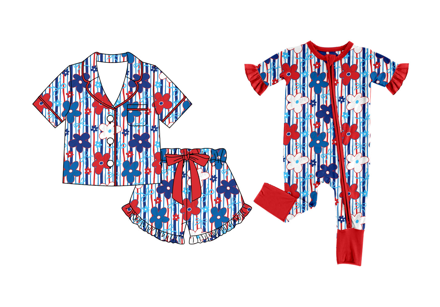 CUSTOM MOQ 5 Sibling Baby Girls Red Blue Flowers Tunic Ruffle Shorts Rompers Pajamas Clothes Set