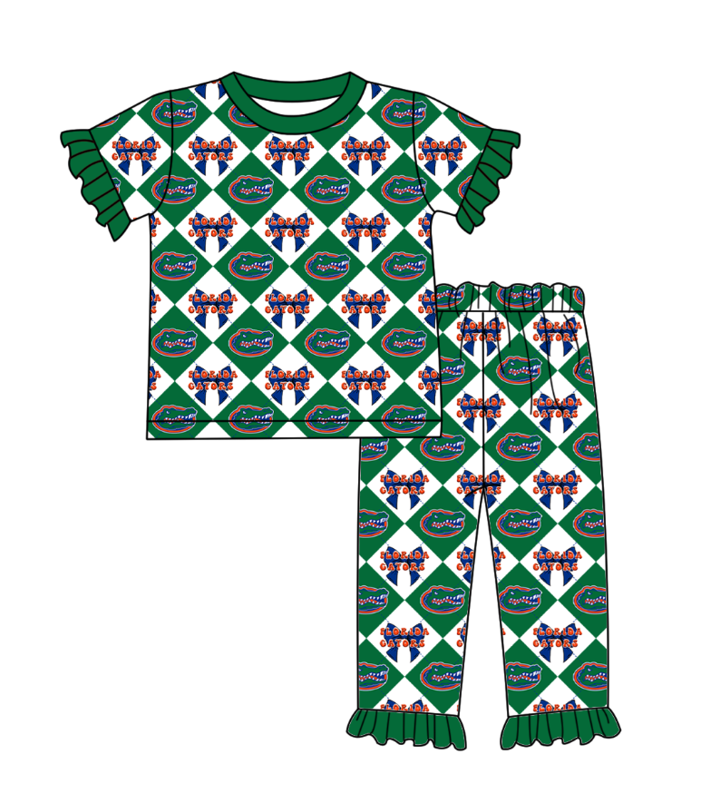 CUSTOM MOQ 5 Baby Girl Clothes Green Bow Plaid Top Pants Team Pajamas Sets