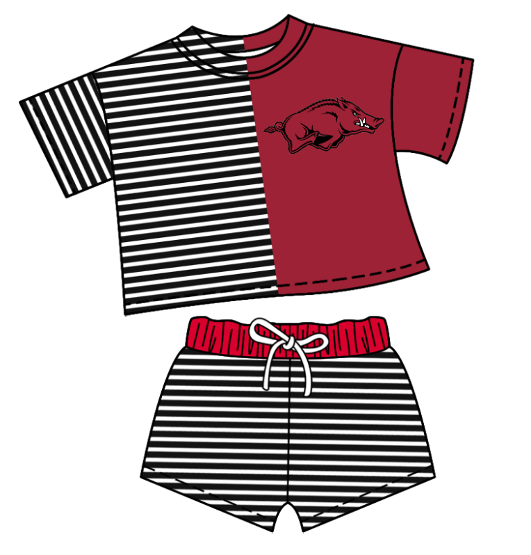 CUSTOM MOQ 5 Baby Kids Summer Black Red Stripe Top Shorts Clothes Sets