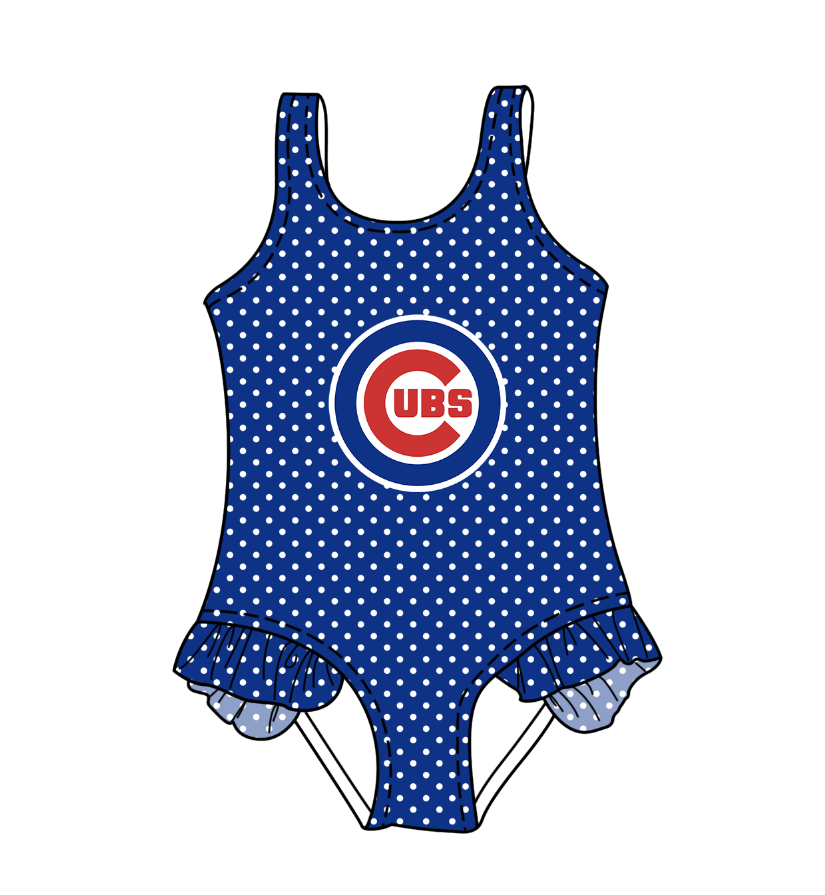 CUSTOM MOQ 5 Cute Comfortable Clothing For Kids Baby Girls Dark Blue Polka Dots Ruffle Team One Piece Swimsuits