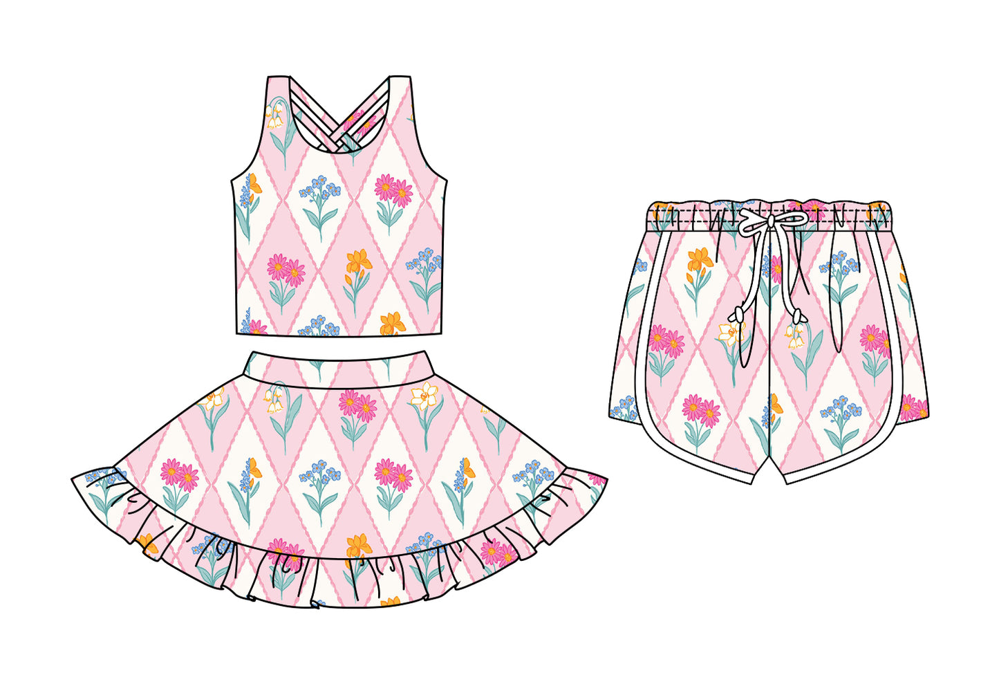 CUSTOM MOQ 5 Sibling Baby Girls Sleeveless Flowers Plaid Skirt Bottom Shorts Yoga Active Clothes Sets