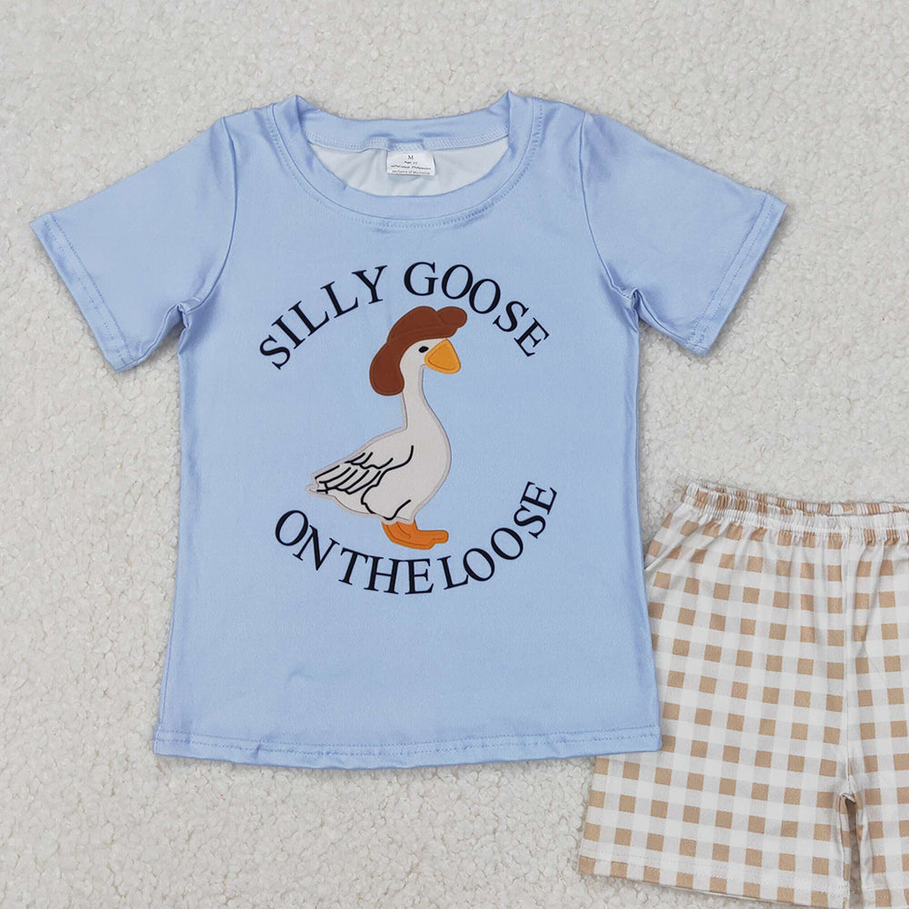 4.25 BSSO1305 RTS NO MOQ Silly goose on the loose top plaid shorts boys clothes