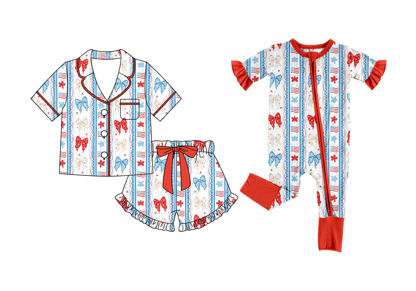 CUSTOM MOQ 5 Sibling Baby Girls Red Blue Bows Tunic Ruffle Shorts Rompers Pajamas Clothes Set