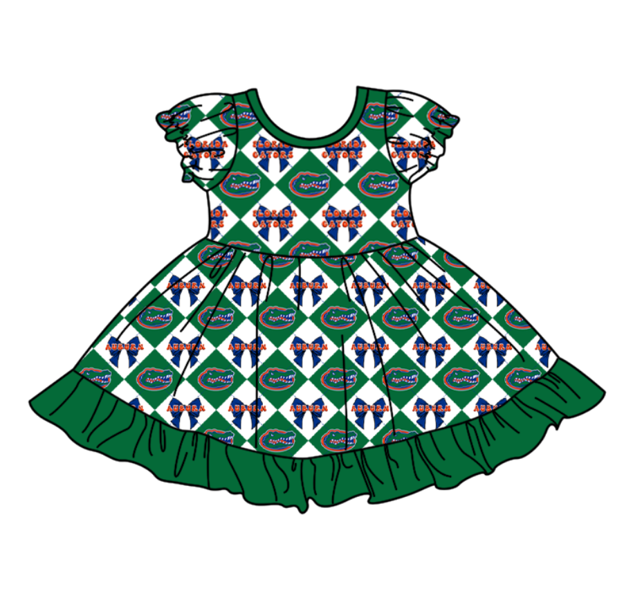 CUSTOM MOQ 5 Baby Girl Green Bow Plaid Short Sleeve Team Knee Length Dresses