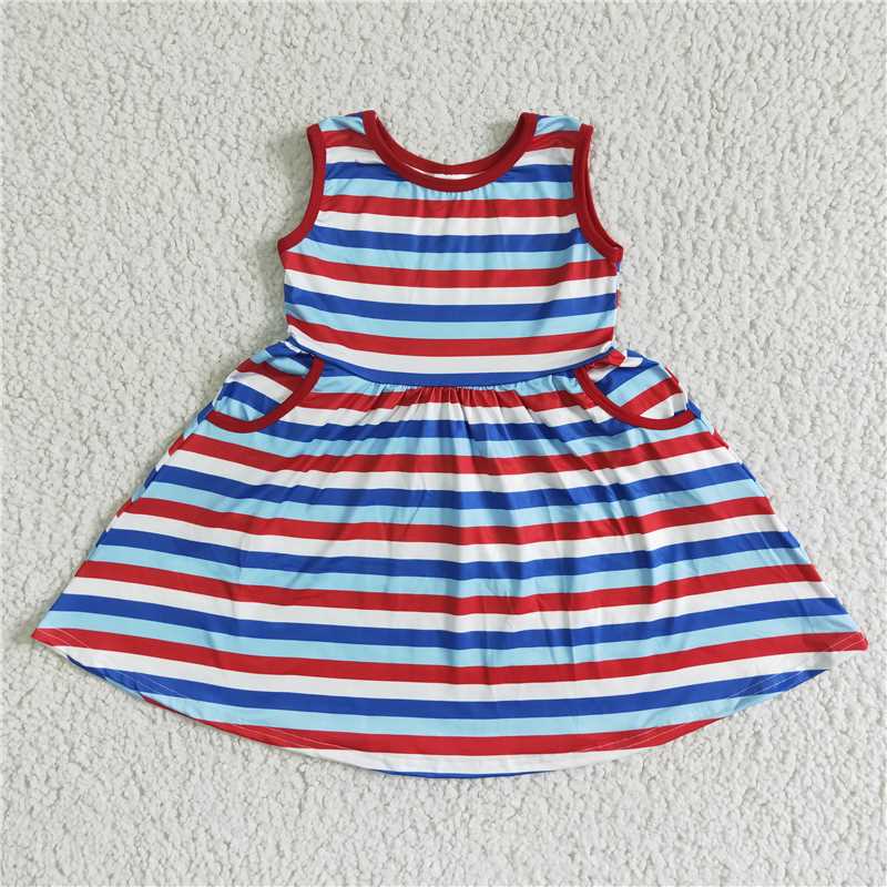 A1-13-2 Sleeveless stripe pocket baby girls 4th of july dresses