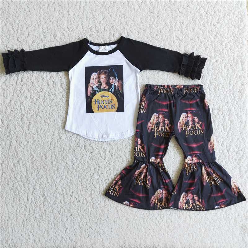 6 B0-1Black long sleeve witch screen print girls Halloween outfits