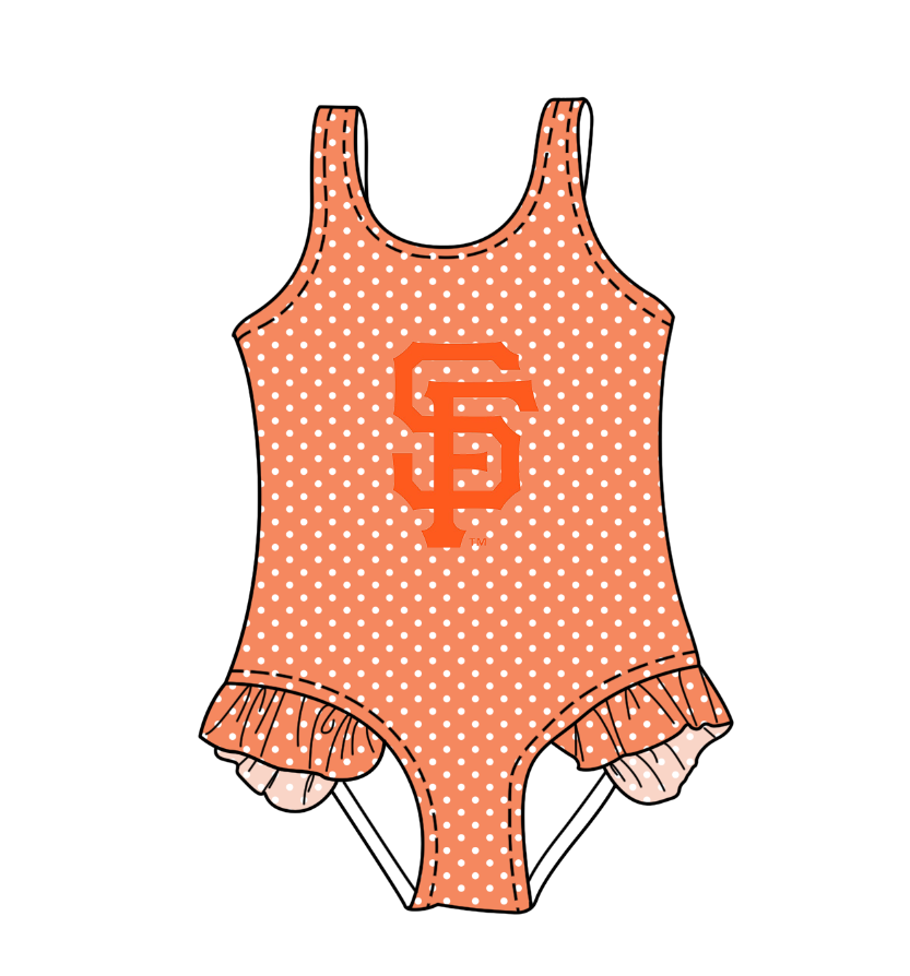 CUSTOM MOQ 5 Cute Comfortable Clothing For Kids Baby Girls Orange Polka Dots Ruffle Team One Piece Swimsuits
