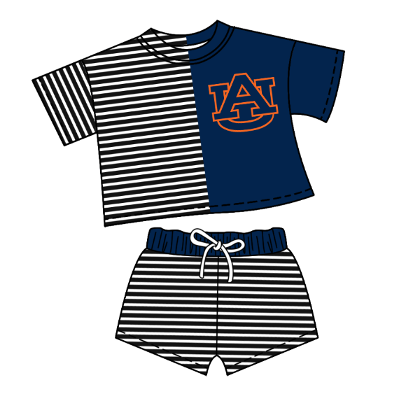 CUSTOM MOQ 5 Baby Kids Summer Blue UA Stripe Top Shorts Clothes Sets