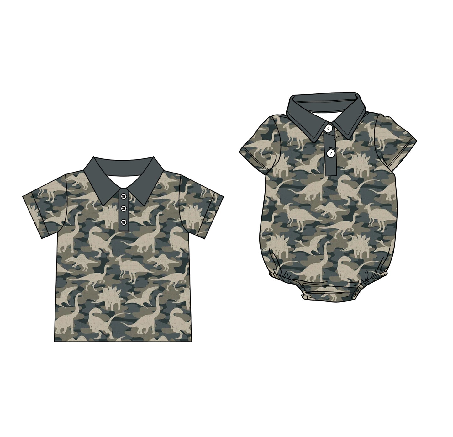 CUSTOM MOQ 5 Sibling Baby Boys Summer Green Short Sleeve Buttons Tee Shirt Tops Rompers Clothes Sets