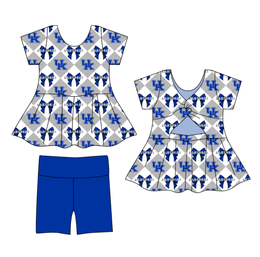 CUSTOM MOQ 5 Baby Girl Clothes Blue Bow Plaid Team Short Sleeve Shorts Yoga Active Clothes Sets