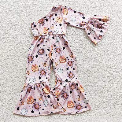 USA Shop (in stock)LR0287Halloween ghost pumpkin flower pink one-side sleeve pink long-sleeved jumpsuit
