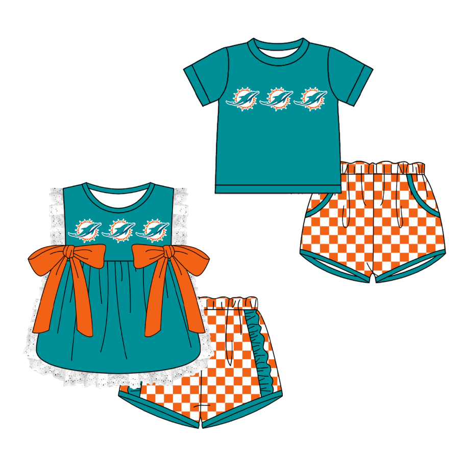 CUSTOM MOQ 5 Cute Kids Clothing Sibling Boys Baby Girls Summer Green Top Orange Checked Shorts Team Clothes Sets