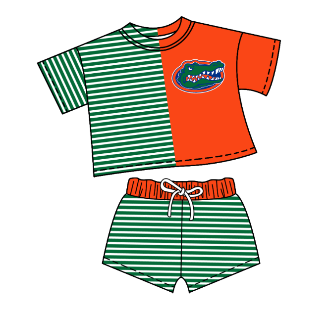 CUSTOM MOQ 5 Baby Kids Summer Green Stripe Top Shorts Clothes Sets