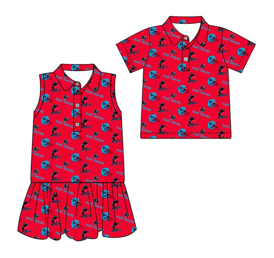 3.13 CUSTOM MOQ 5 Sibling Boys Baby Girls Summer Fashion Short Sleeve Red Blue Button Polo Shirts Sleeveless Dress Team Clothes Sets