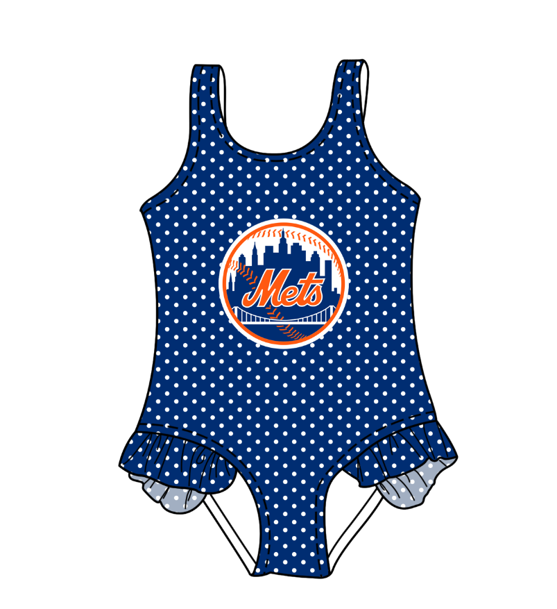CUSTOM MOQ 5 Cute Comfortable Clothing For Kids Baby Girls Dark Blue Polka Dots Ruffle Team One Piece Swimsuits