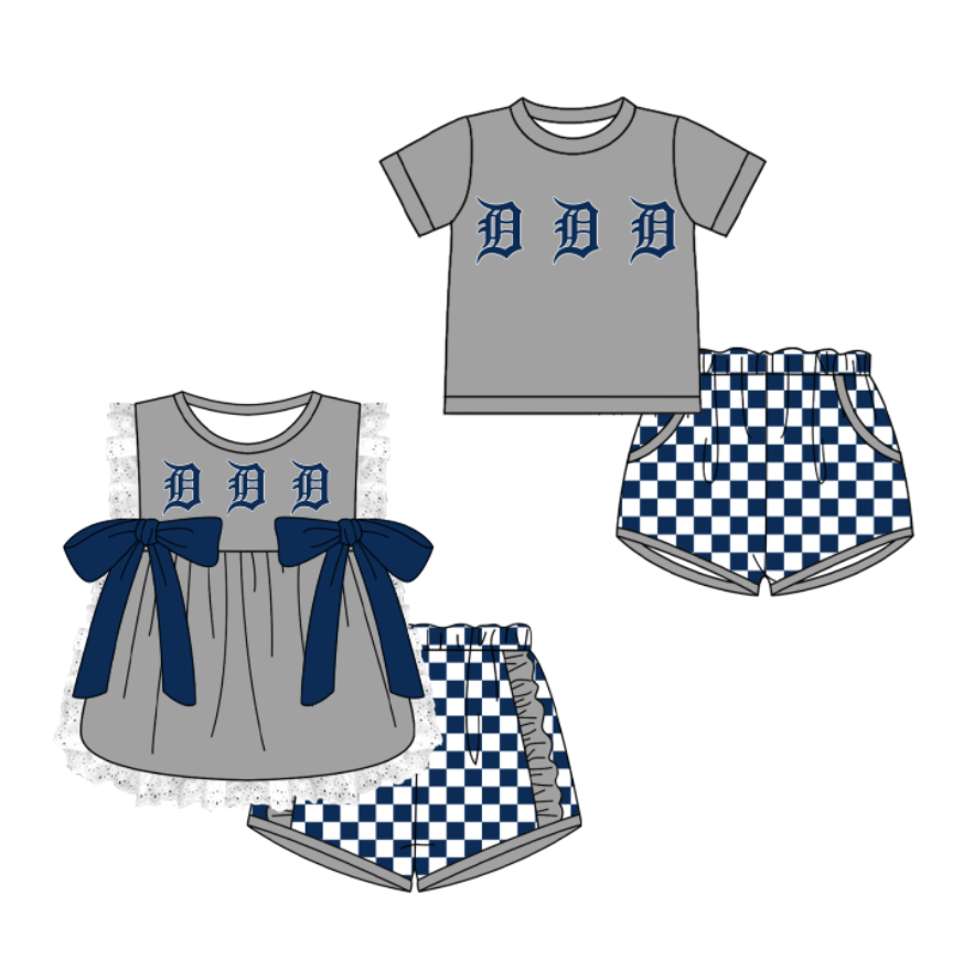 CUSTOM MOQ 5 Cute Comfortable Clothing For Kids Sibling Boys Baby Girls Summer Dark Gray Bow Top Blue Checked Shorts Team Clothes Sets