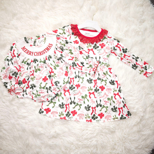 10.23 RTS Sibling Baby Girls Green Red Bows Zipper Footie Christmas Romper Knee Length Dresses