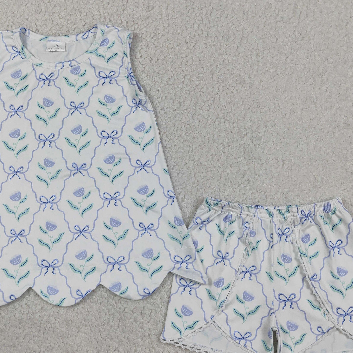 GSSO3426 RTS NO MOQ (In stock )Sleeveless floral bow scallop top shorts girls outfits
