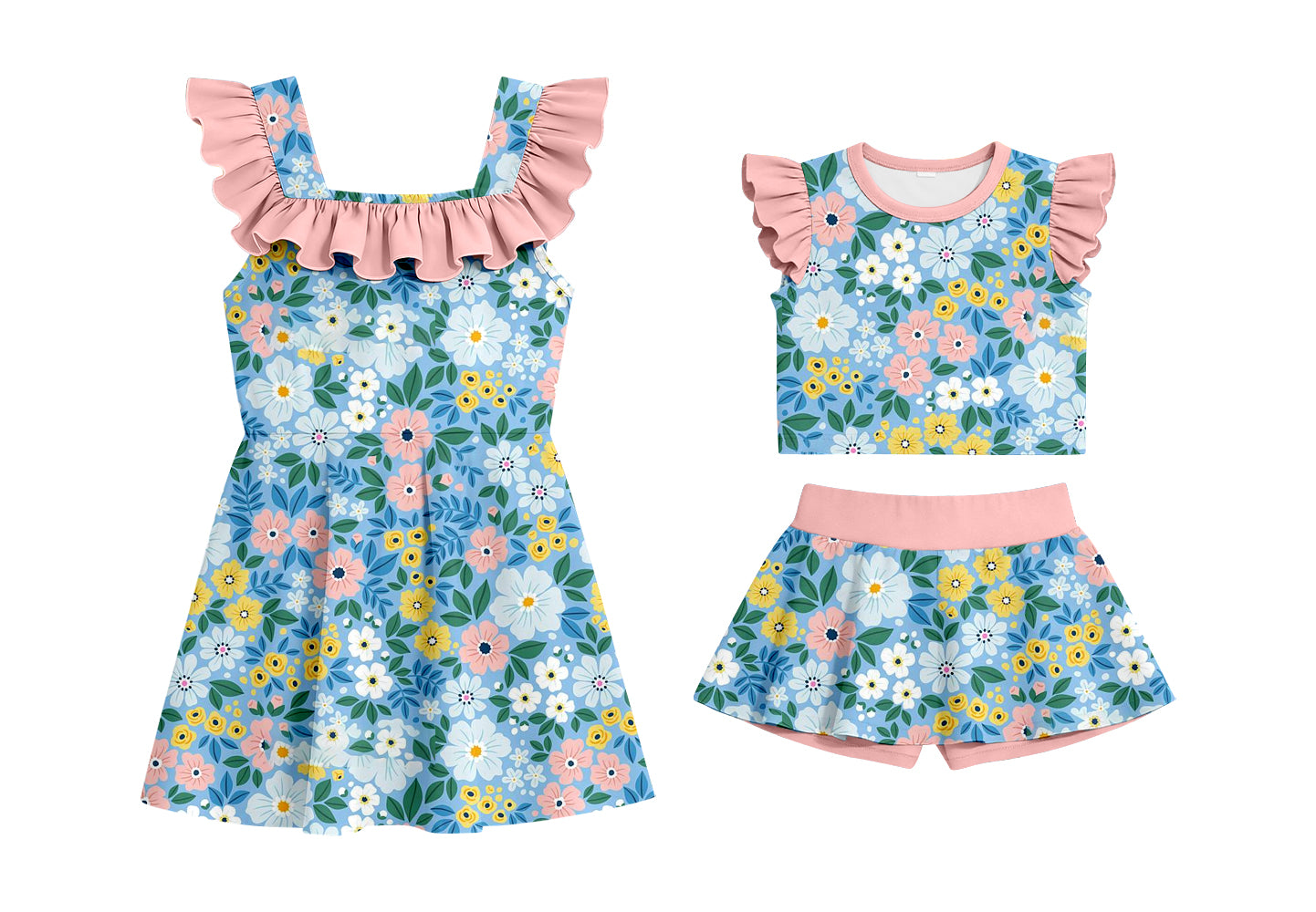 CUSTOM MOQ 5 Sibling Baby Girls Sleeveless Blue Flowers Shorts Knee Length Dresses Clothes Sets