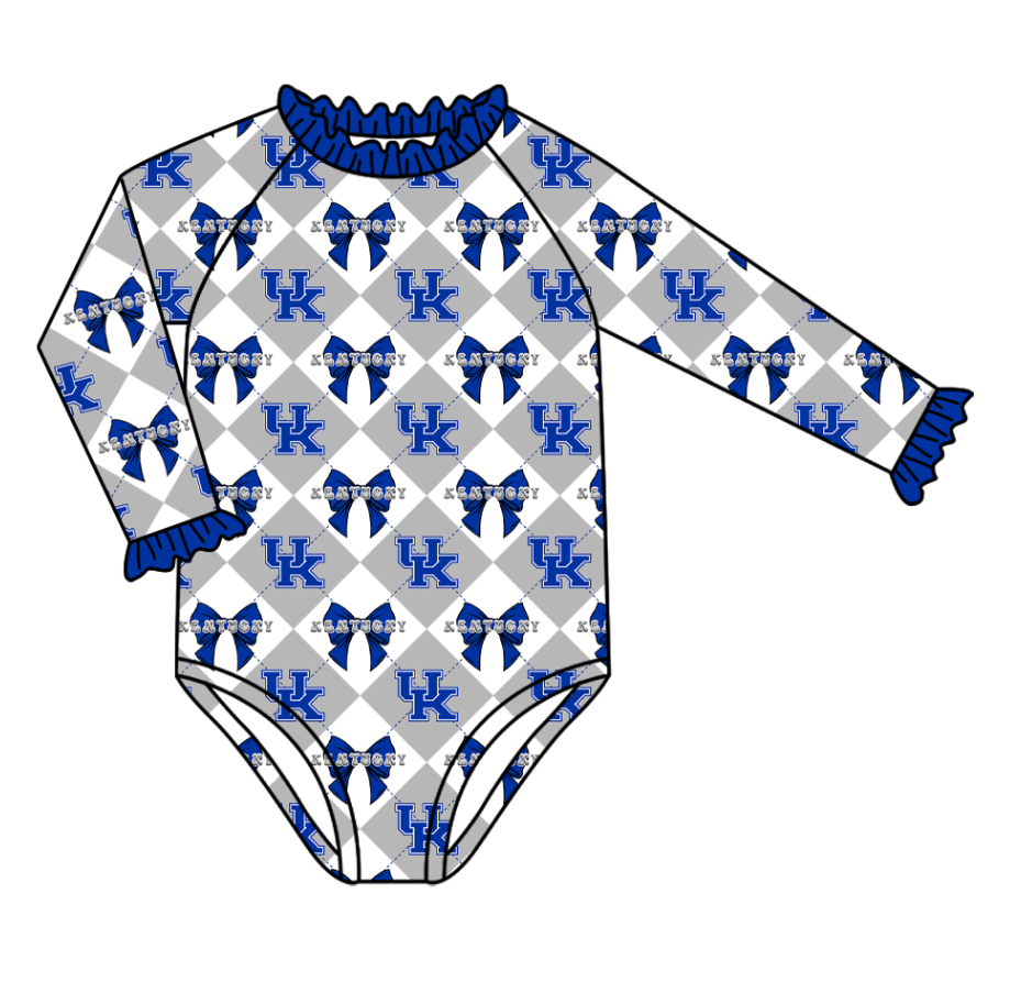 CUSTOM MOQ 5 Baby Girl Clothes Blue Bow Plaid Team Long Sleeve Swimsuits