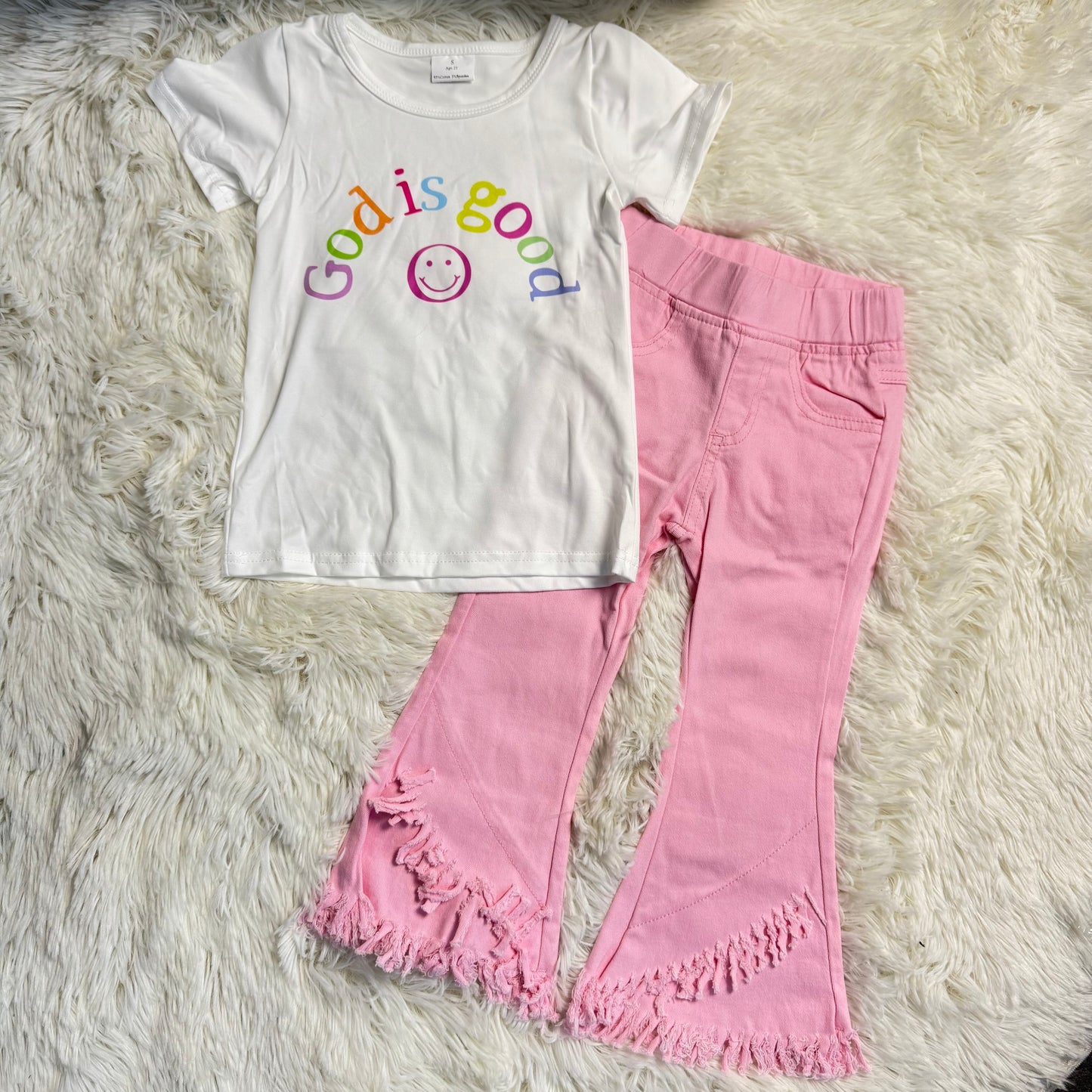 1.10 RST GT0958 + P0463 Baby Girls Short Sleeves GOD IS GOOD Shirts Tops Fringe Ruffle Denim Jeans
