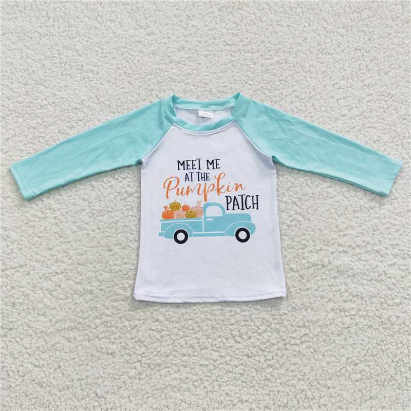 6 A32-3 Baby Boys Meet Me Pumpkin Tractor Blue Long Sleeve Tee Shirts Tops