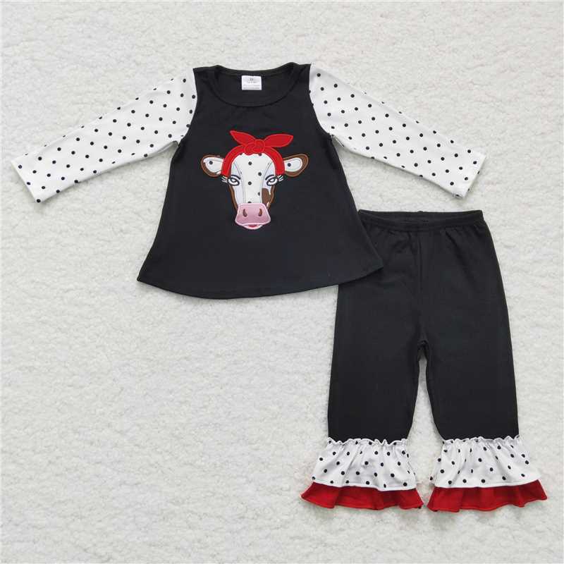 6 A13-26Cow embroidery tunic ruffle pants children clothing set