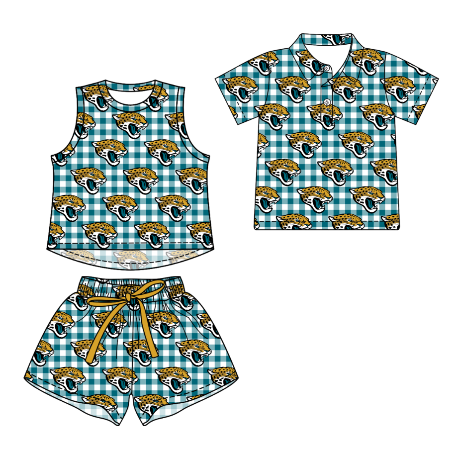 3.17 CUSTOM MOQ 5 Sibling Boys Baby Girls Summer Fashion Green Check Tiger Sleeveless Top Shorts Button Polo Shirts Team Clothes Sets