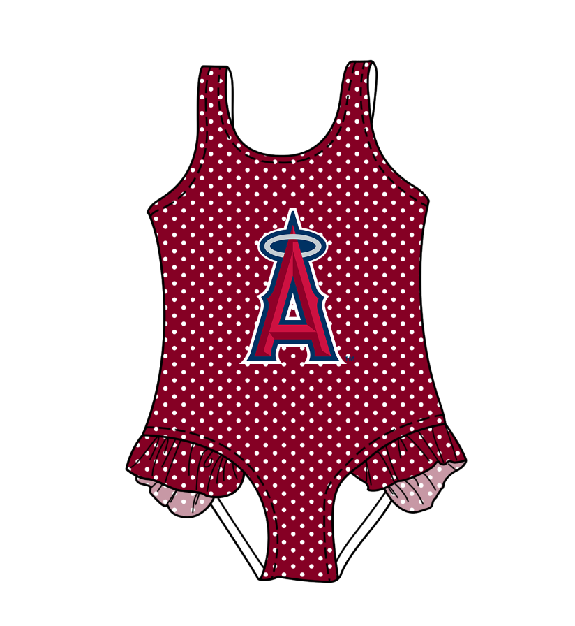 CUSTOM MOQ 5 Cute Comfortable Clothing For Kids Baby Girls Dark Red A Polka Dots Ruffle Team One Piece Swimsuits