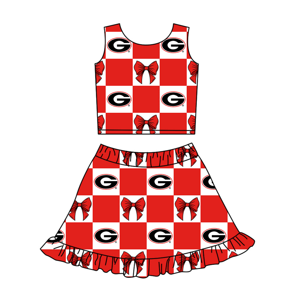 CUSTOM MOQ 5 Kids Clothing for Girls Baby Girls Bright Red Bow Plaid Top Skirts Yoga Active Team Clothes Sets