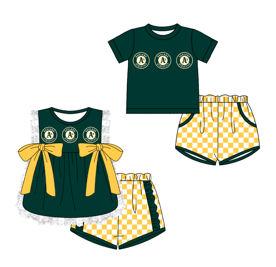CUSTOM MOQ 5 Cute Comfortable Clothing For Kids Sibling Boys Baby Girls Summer Green Bow Top Yellow Checked Shorts Team Clothes Sets