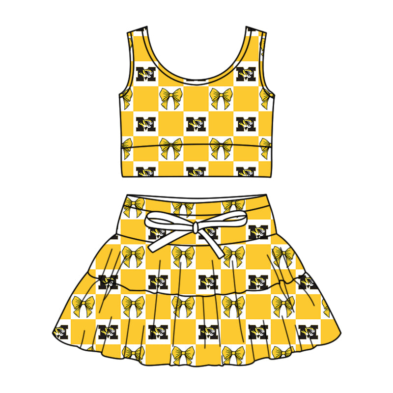 CUSTOM MOQ 5 Kids Clothing for Girls Baby Girls Yellow Bow Plaid Top Skirts Yoga Active Team Clothes Sets