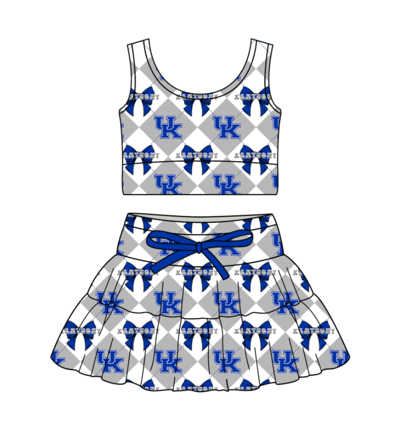 CUSTOM MOQ 5 Baby Girl Clothes Blue Bow Plaid Top Skirts Yoga Active Team Clothes Sets