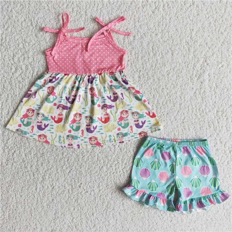 Baby girls summer mermaid stripe ruffle shorts clothing sets