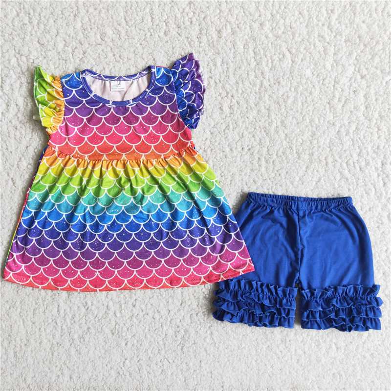 Colorful scale exquisite ruffles shorts set