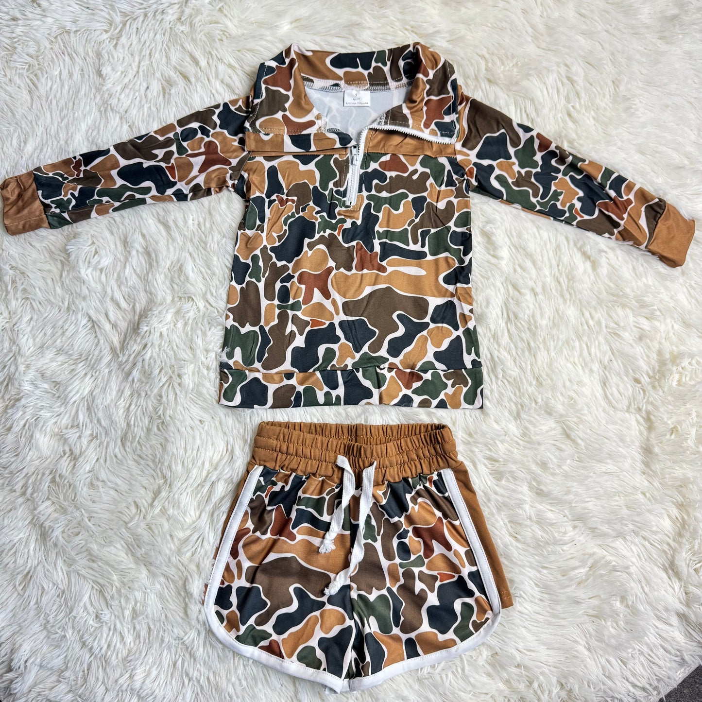 12.25 RST BT1038 + SS0742 Baby Boys Dark Brown Camo Zip Pocket Pullovers Tops Camo Shorts Bottom