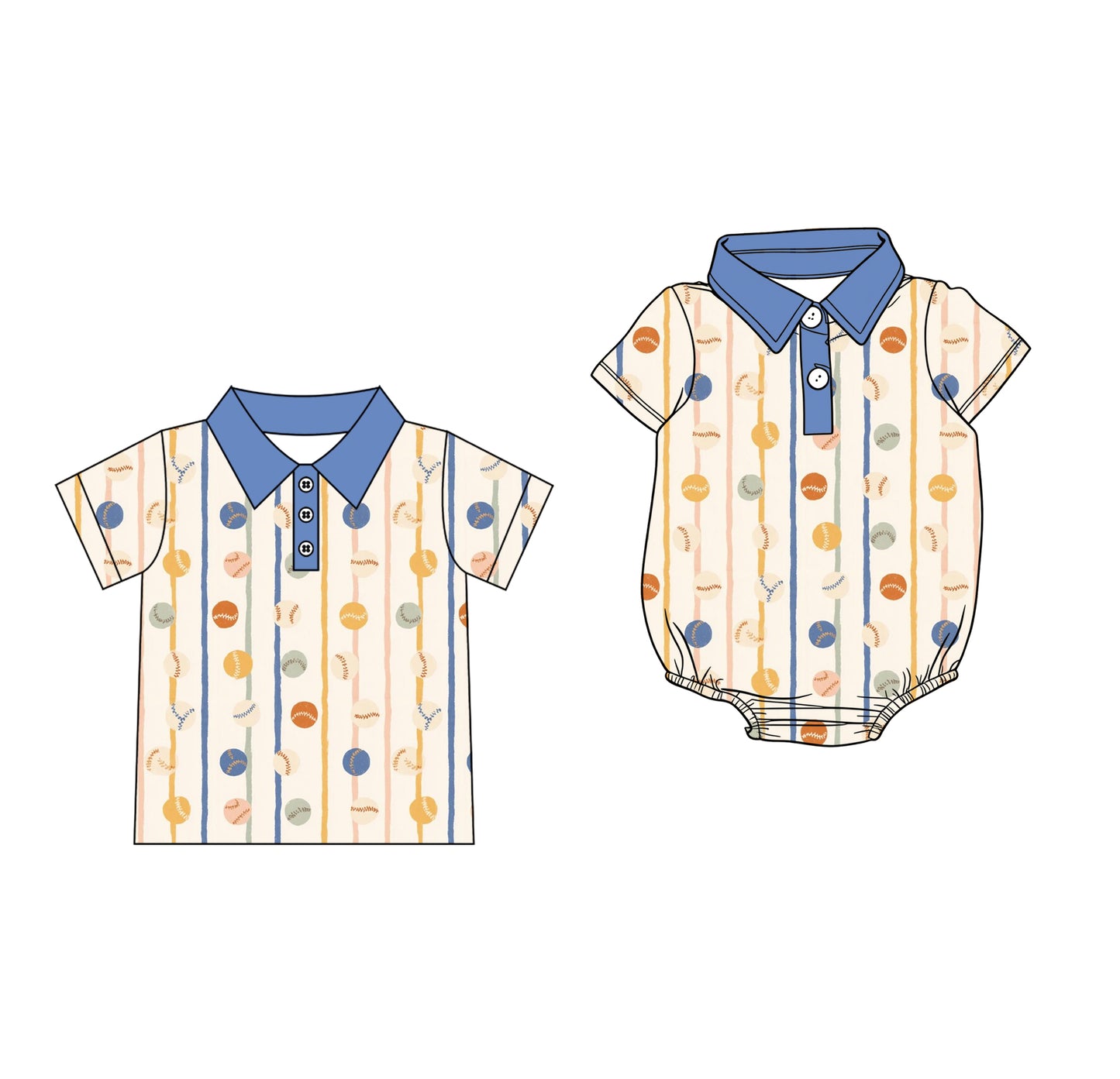 CUSTOM MOQ 5 Sibling Baby Boys Summer Baseball Short Sleeve Buttons Tee Shirt Tops Rompers Clothes Sets