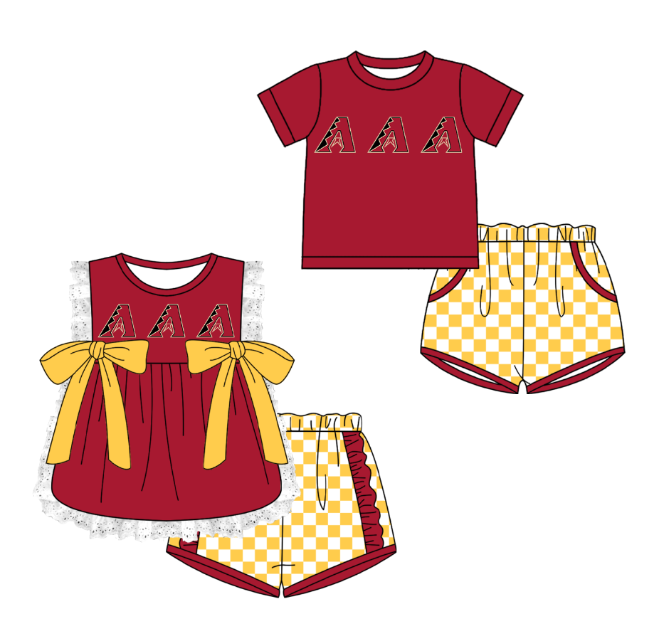CUSTOM MOQ 5 Cute Comfortable Clothing For Kids Sibling Boys Baby Girls Summer Red Bow Top Yellow Checked Shorts Team Clothes Sets