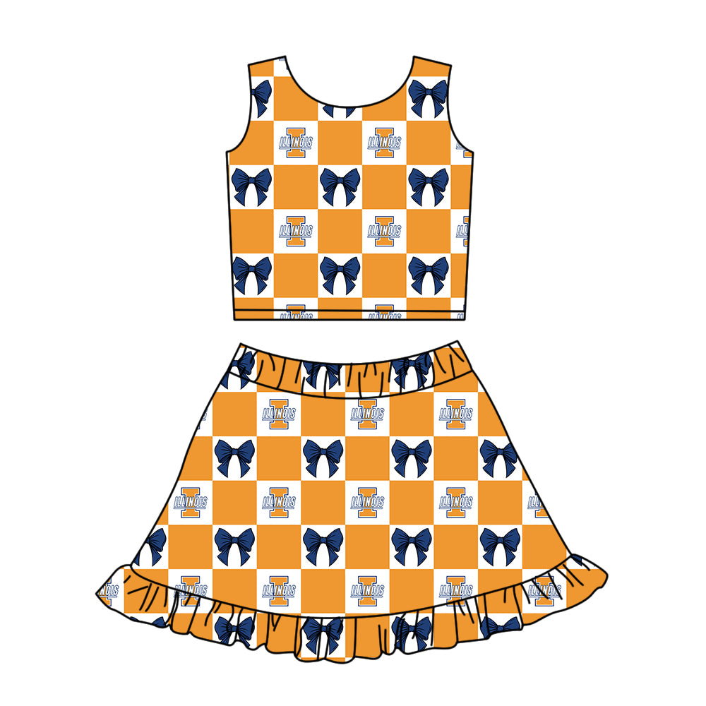 CUSTOM MOQ 5 Kids Clothing for Girls Baby Girls Orange Bow Plaid Top Skirts Yoga Active Team Clothes Sets