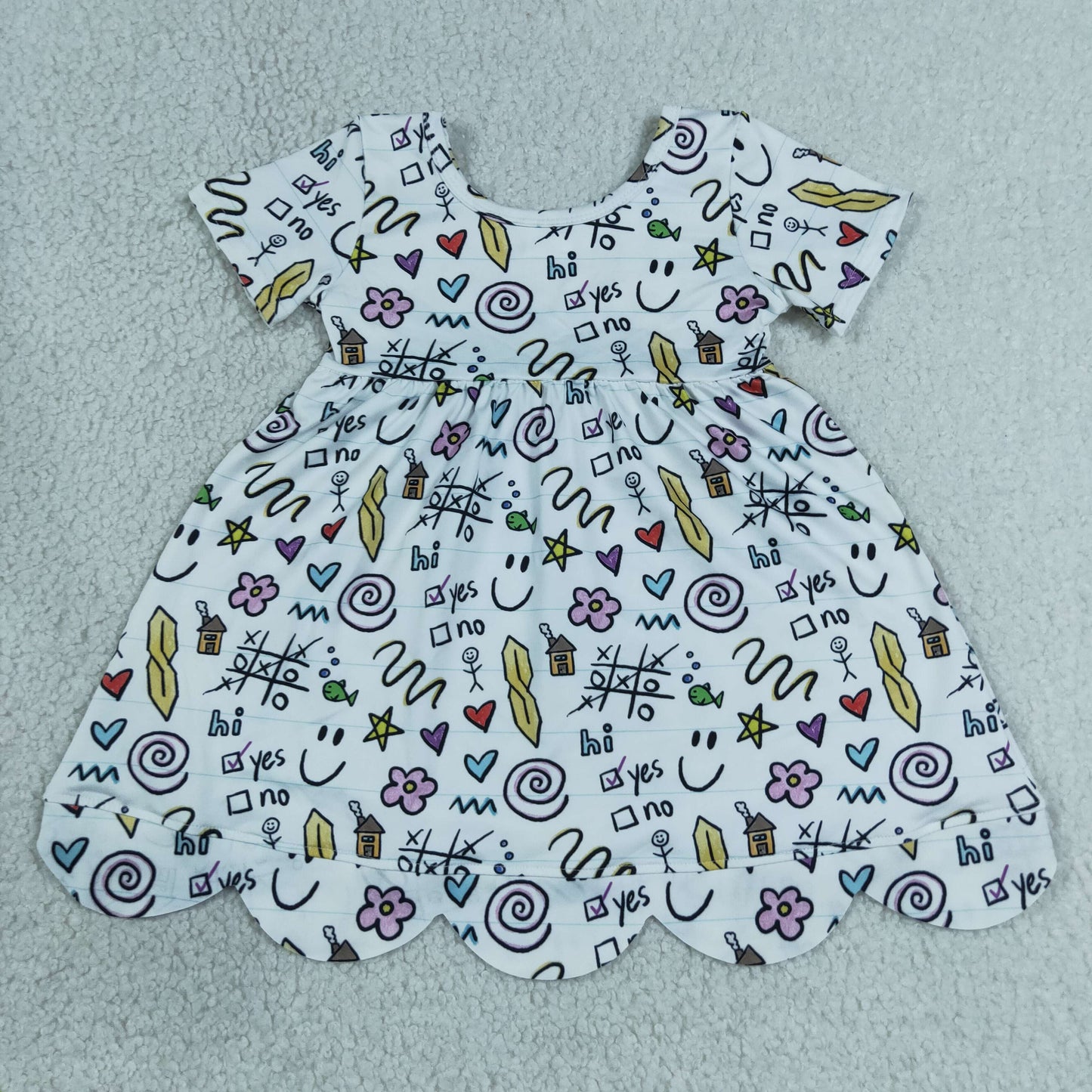 RTS NO MOQ Sibling milk silk Baby Girls Letters Flower Scallop Hem Knee Length Back to School Dress(2T-14-16T)