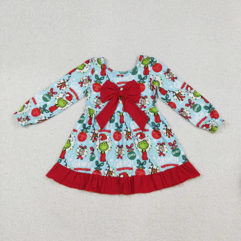 9.17 RTS Sibling Baby Girls Green Faces Miss Lights Bows Ruffle Christmas Knee Length Dresses Rompers