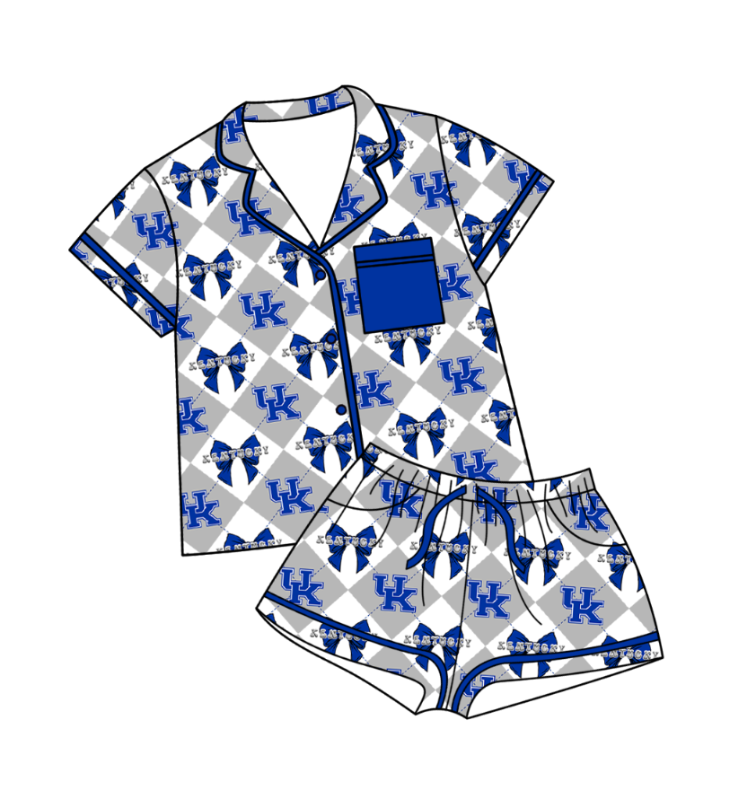 CUSTOM MOQ 5 Baby Girl Clothes Blue Bow Plaid Top Bottom Shorts Pajamas Team Clothes Sets