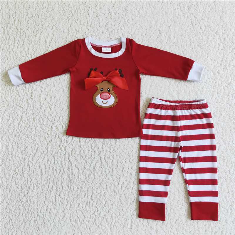 6 B4-24Red reindeer applique cotton girls Christmas pjs