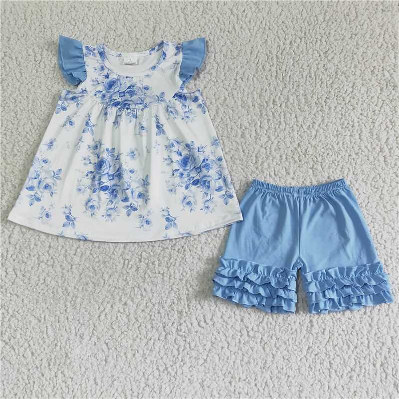 Baby Girls Blue floral pearl ruffle shorts sets