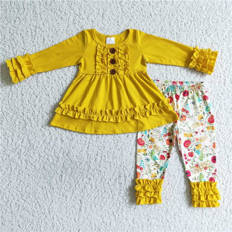 6 A24-1Yellow cotton tunic floral leggings girls fall clothing