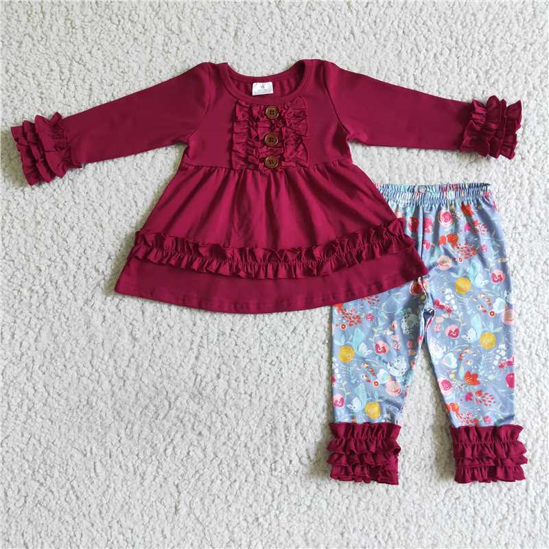 6 A26-16Maroon tunic match floral icing ruffle leggings girls outfits