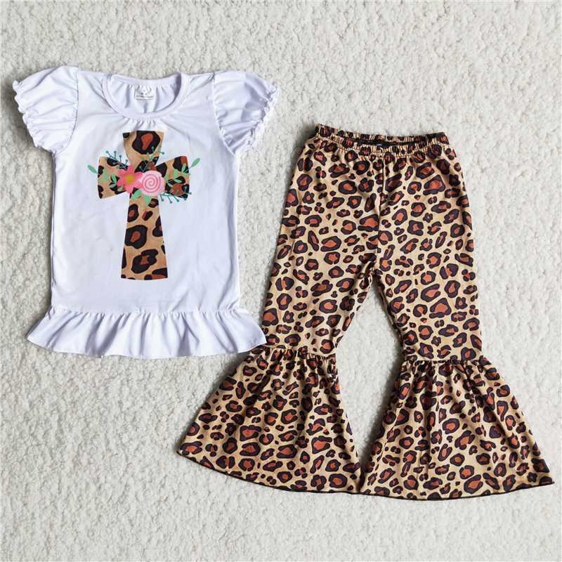 A8-15 Easter Cross White Puff Sleeve Leopard Print Girls Suit