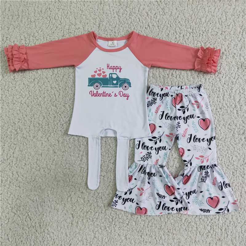 12.15 RTS NO MOQ (In stock)6 A27-27 Valentines pink tractor bell pants sets
